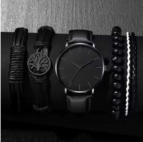 5PCS Set Fashion Mens Sports Watches Man Business Quartz Wristwatch Luxury Leather Bracelet Men Casual Clock Watch